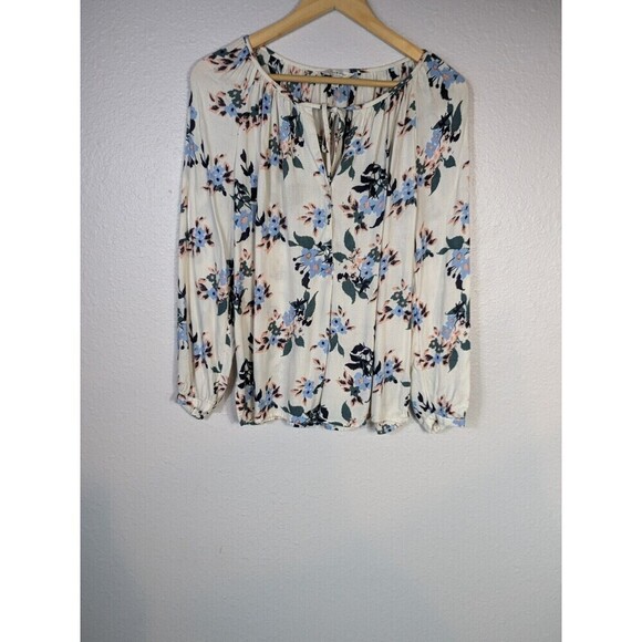 Lucky Brand White Blue Floral Top Medium Boho Blouse - Picture 1 of 5